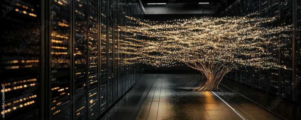 Poster glowing network tree amidst server racks in modern data center