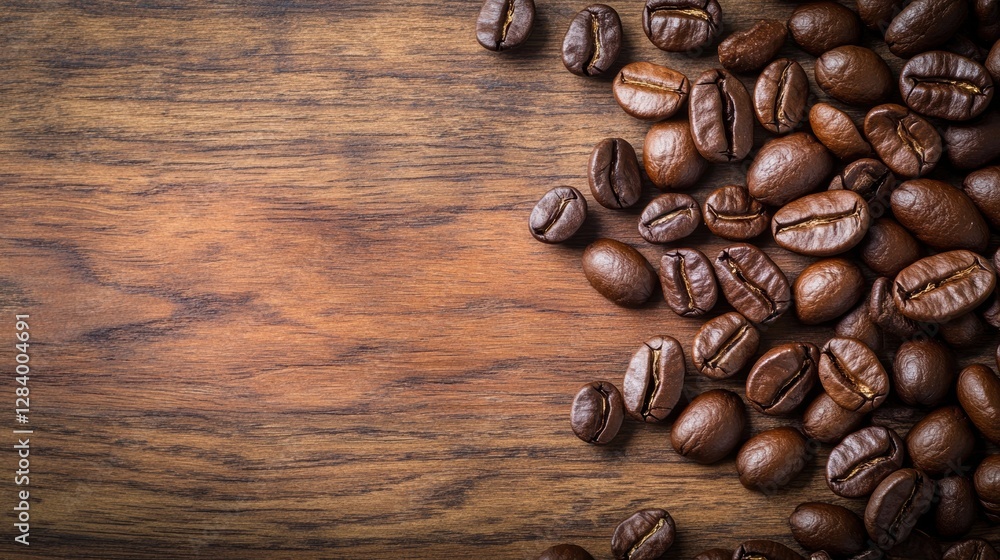 Poster Freshly roasted coffee beans scattered on a wooden surface creating a rich aroma and inviting atmosphere. Generative AI