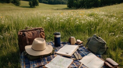 Relaxing Outdoor Picnic Setup with Maps and Travel Essentials