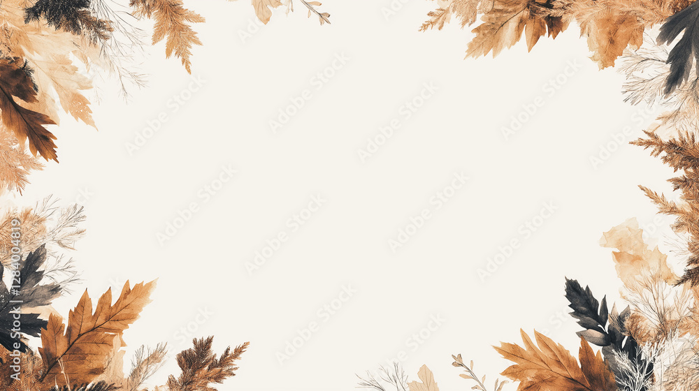 Poster autumnal foliage frame: a delicate frame composed of autumnal leaves, elegantly arranged around an o