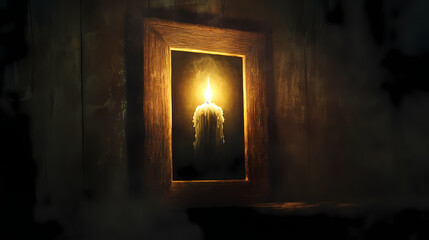 A ghostly figure trapped in a wooden frame, illuminated by a single flickering candle. spooky halloween ambiance. Flickering Phantoms in the Mist. Illustration
