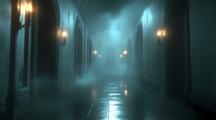 Fototapeta premium A spooky corridor with the soft light from dancing candles and a cover of misty fog. enhances horror settings or intriguing ambiances. Flickering Phantoms in the Mist. Illustration