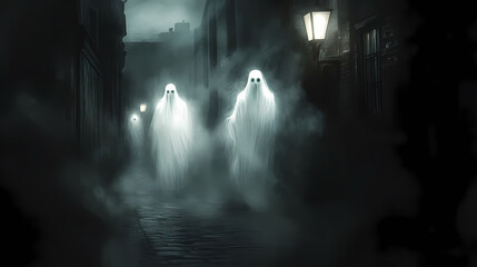 Eerie ghostly presence in dark alleyway with flickering streetlights. Flickering Phantoms in the Mist. Illustration
