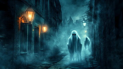 Eerie ghostly presence in dark alleyway with flickering streetlights. Flickering Phantoms in the Mist. Illustration