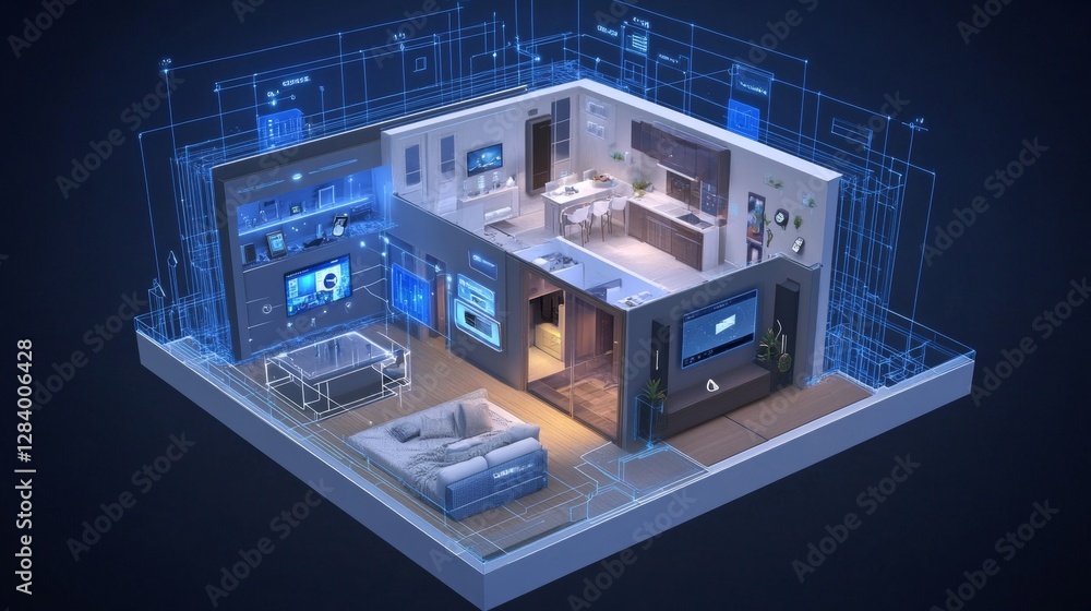 Aufkleber smart home designed with 3d blueprints and iot device icons. this system allows remote control of ho