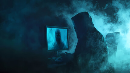 Eerie specter emerging from computer screen in dark room with blue glow and haunting atmosphere for thriller horror concept. Flickering Phantoms in the Mist. Illustration