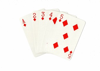 A poker hand of playing cards showing a straight flush.