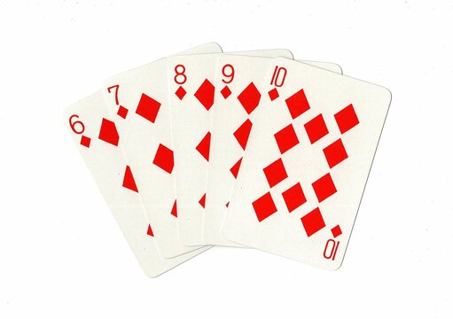 A poker hand of playing cards showing a straight flush.