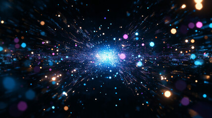 Obraz premium Cosmic Tunnel of Light: A stunning digital artwork captures a mesmerizing journey through a tunnel of light, composed of shimmering particles and vibrant bokeh.