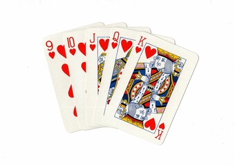 A poker hand of playing cards showing a straight flush.