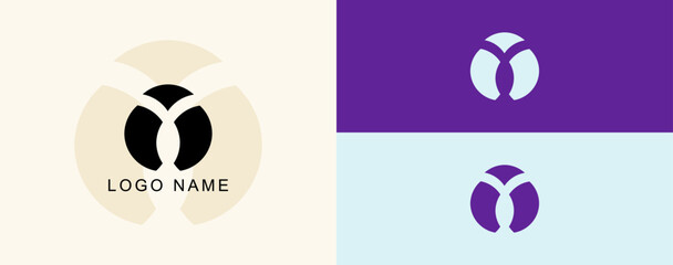 Logo design showcasing a modern and minimalist style with geometric shapes in purple and black on contrasting backgrounds.
