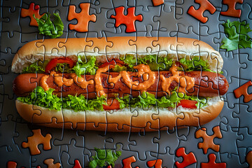 Delicious Grilled Hot Dog with Lettuce and Sauce as a Jigsaw Puzzle on a Table