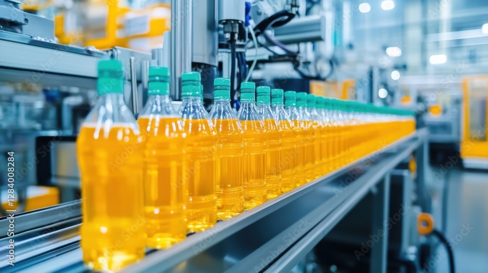 Poster industrial robots operating a fully automated beverage bottling plant with smooth efficiency