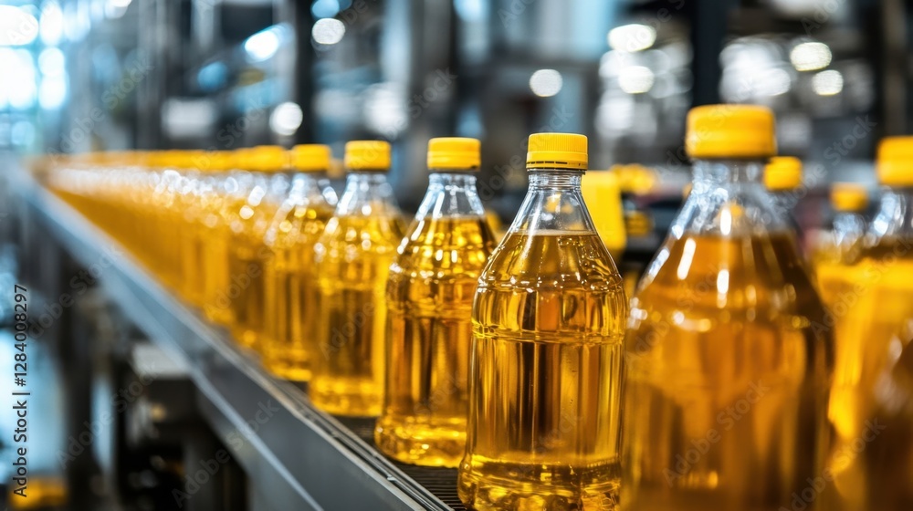 Poster industrial robots operating a fully automated beverage bottling plant with smooth efficiency