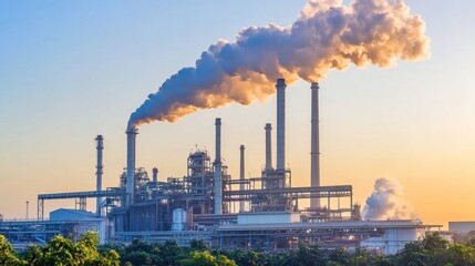Industrial steel manufacturing plant with massive blast furnaces and smokestacks