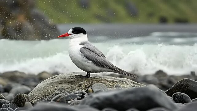 A tern perched on a rock by the shore, showcasing its striking red beak and gray feathers.