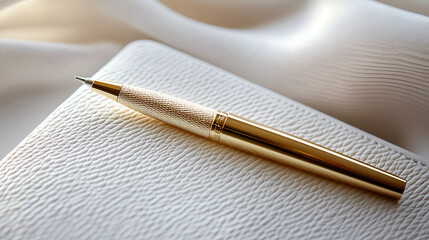 Elegant gold pen resting on a textured white leather surface, exuding sophistication and style.