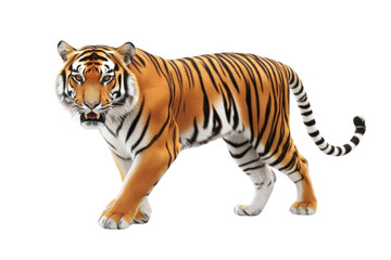 Naklejka premium Tiger Walks Majestically with Striped Fur, Wildlife Predator Prowls Stealthily with Intense Gaze, Wild Animals