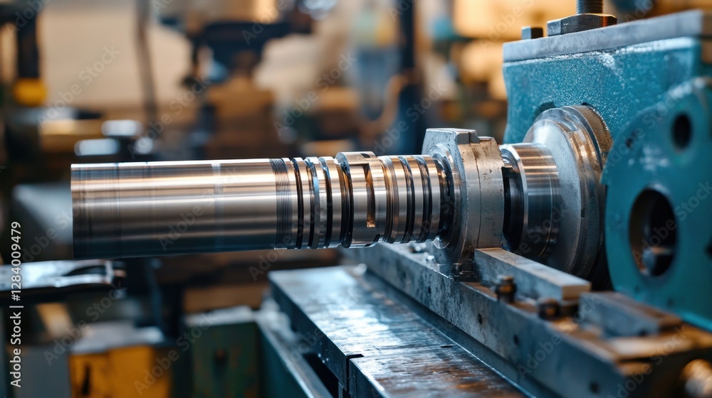 Poster precision metal lathe undergoing routine servicing, with a removed cutting tool and maintenance guid