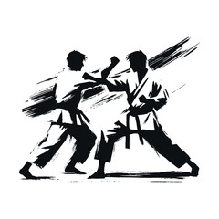 Dynamic karate fight, hand-drawn minimalistic black and white illustration © Victoria