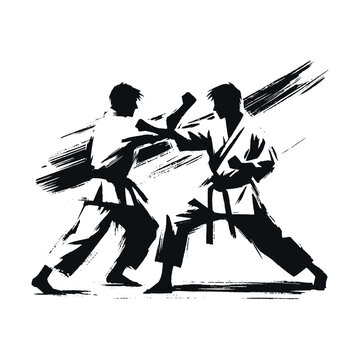 Dynamic karate fight, hand-drawn minimalistic black and white illustration