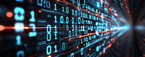 Fototapeta premium A futuristic depiction of flowing binary code, symbolizing data transmission and digital technology.