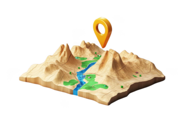 Location Pin Marks Destination on 3D Map with Mountains, River, and Green Areas. Navigation and Cartography Concepts.