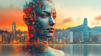 Digital human face and Hong Kong cityscape combine harmoniously