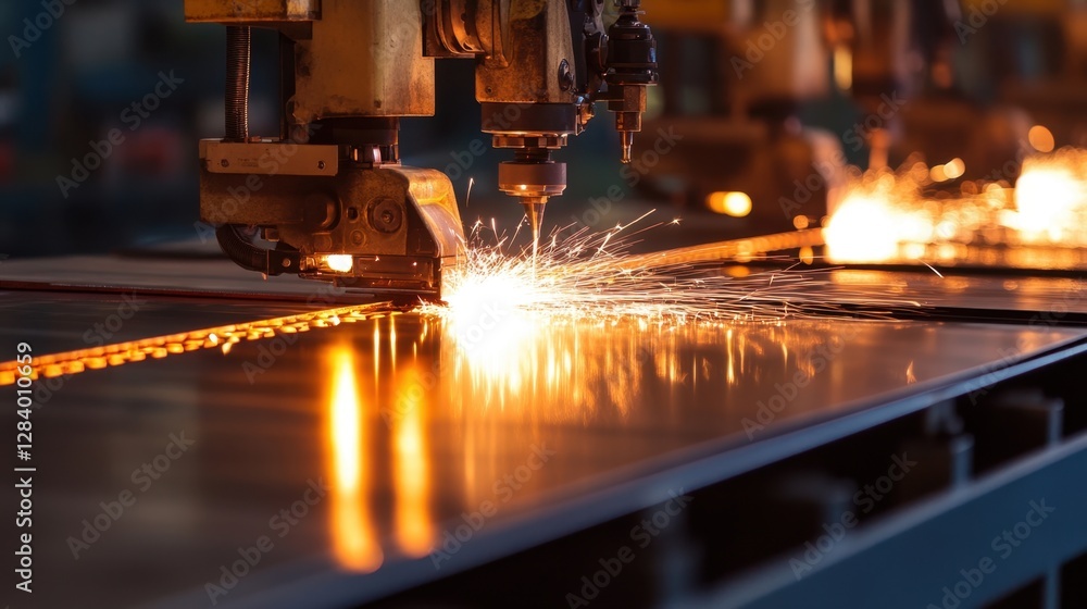 Poster self-operating robotic arms precisely cutting metal sheets with bright glowing sparks in a factory