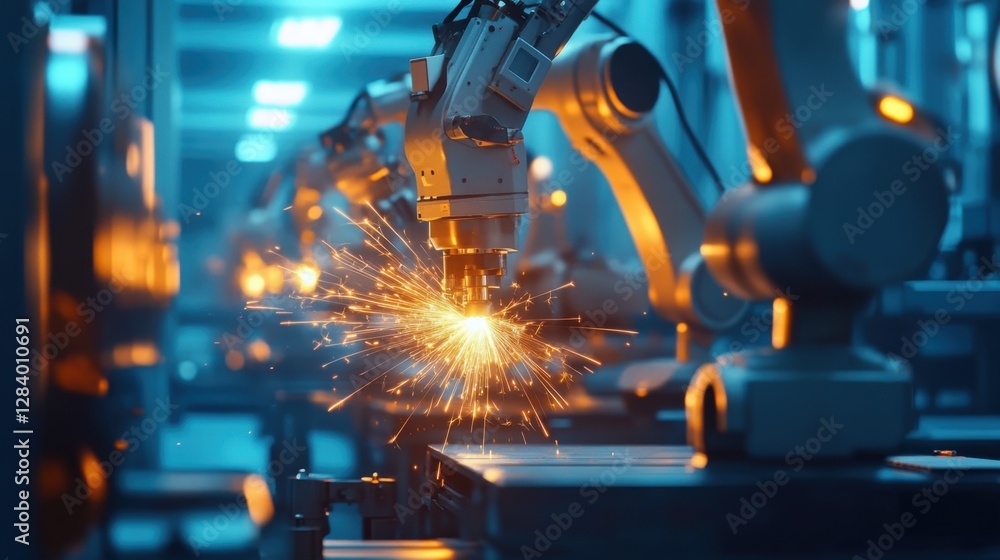Poster self-operating robotic arms precisely cutting metal sheets with bright glowing sparks in a factory