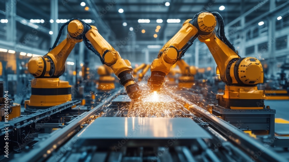 Poster self-operating robotic arms precisely cutting metal sheets with bright glowing sparks in a factory