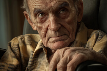 Close up of an old man in a wheelchair looking angry. The man is not facing directly into the camera. Blurred Background.