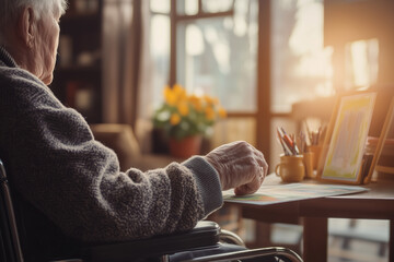 Close up of a person in a wheelchair drawing or drafting something. The person is sitting in the wheelchair and is looking outside the window. Blurred background.