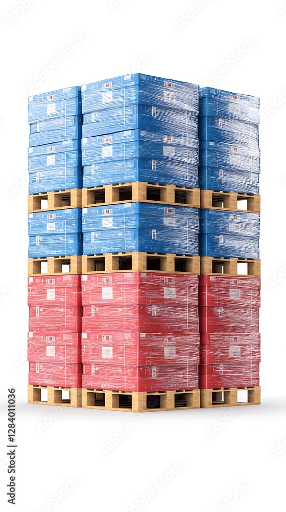 Poster a stack of pallets with boxes in blue and red hues, neatly arranged, showcasing efficient storage an