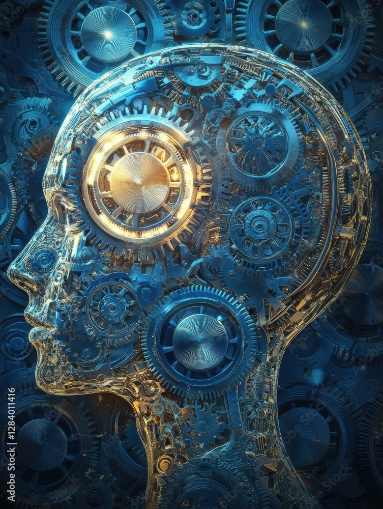 Aufkleber Human head silhouette filled with intricate gears and cogs to symbolize the essence of artificial intelligence and innovation. Generative AI