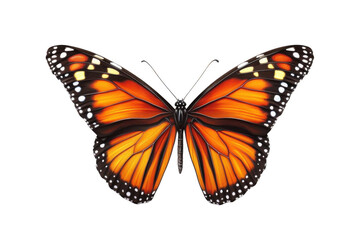 Fototapeta premium Butterfly Shows Its Orange Wings with Delicate Black Veins and White Spots on Black Background, Wildlife Beauty.