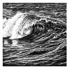 Dramatic Ocean Wave with Swirling Foam, Showcasing the Power and Beauty of the Sea, Black and White Sketch Engraving, Scratch Board Imitation, Raster Illustration