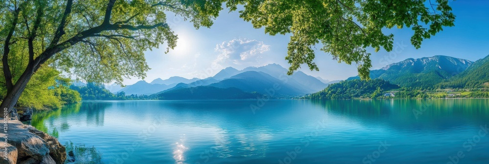 Poster tranquil lake view with mountains and clear sky under sunlight surrounded by lush greenery. generati