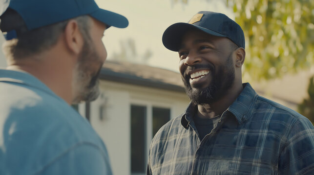 Enthusiastic solar panel installer engages with customer at residential site during a sunny afternoon