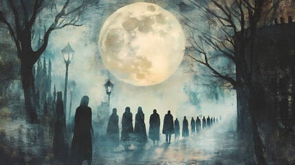 A ghostly halloween street parade unfolds under a full moon, featuring eerie figures and a haunting atmosphere in a fog-covered, mysterious setting. Ghostly Procession Under the Moon. Illustration