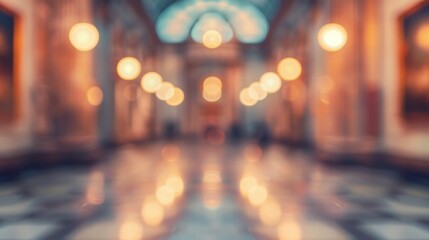 A blurred view of an artistic museum interior with soft lighting effects.