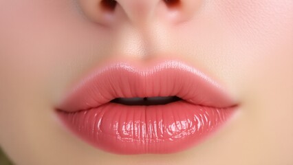Fototapeta premium a close-up view of well-moisturized, slightly parted lips with a natural, glossy finish, emphasizing their detailed texture and natural color.
