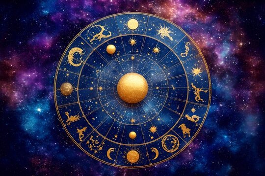 Celestial chart displaying zodiac signs and planets against a vibrant cosmic background