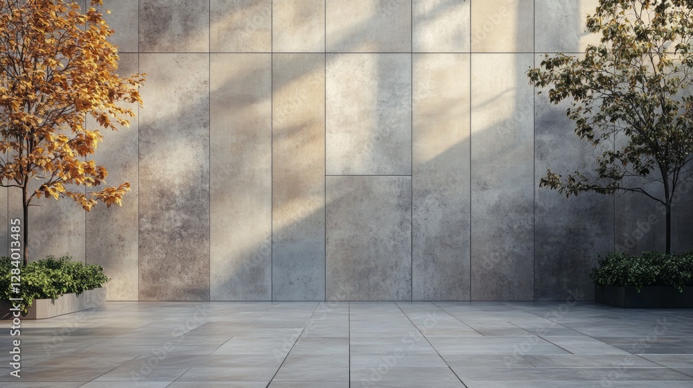Poster an empty stone tiled plaza with large, smooth surfaces. trees with golden leaves stand gracefully, c