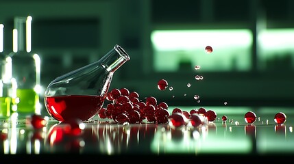 Laboratory scene showcasing a spilled flask with red liquid and scattered beads on a reflective surface