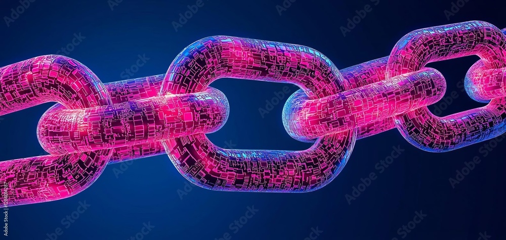 Poster futuristic digital chain symbolizing blockchain technology and security.