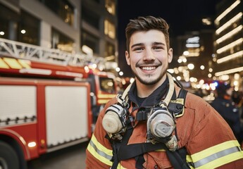 Fototapeta premium Smiling young firefighter in uniform stands in front of a firetruck at night, city lights blurred in background. He is wearing a respirator and has a