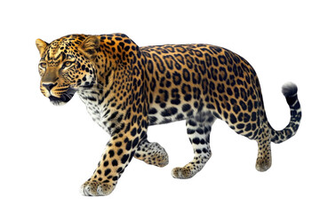 Naklejka premium Leopard Walks Gracefully on Black Background, Showing Wildlife Prowess.