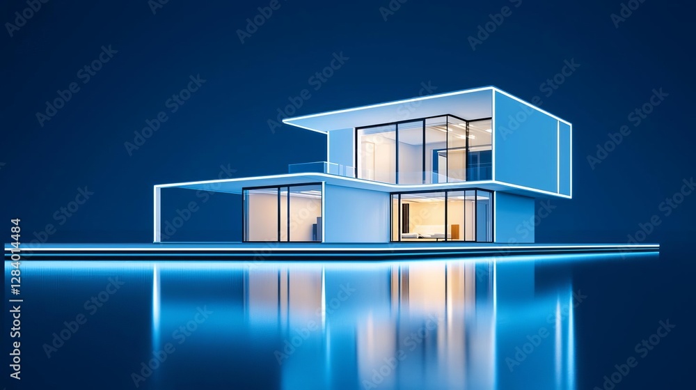 Poster modern architectural design with sleek lines and illuminated reflections at night.