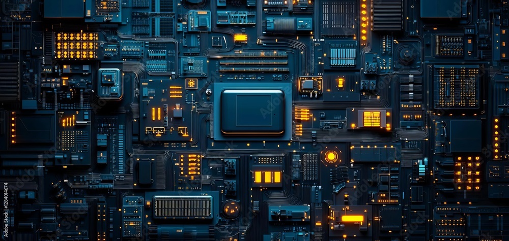 Poster futuristic circuit board with glowing elements and intricate details in dark tones.
